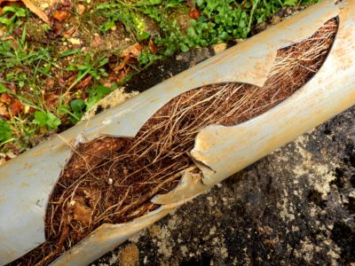Damaged sewer pipe infiltrated by tree roots, illustrating a common cause of backed-up toilets and plumbing issues.